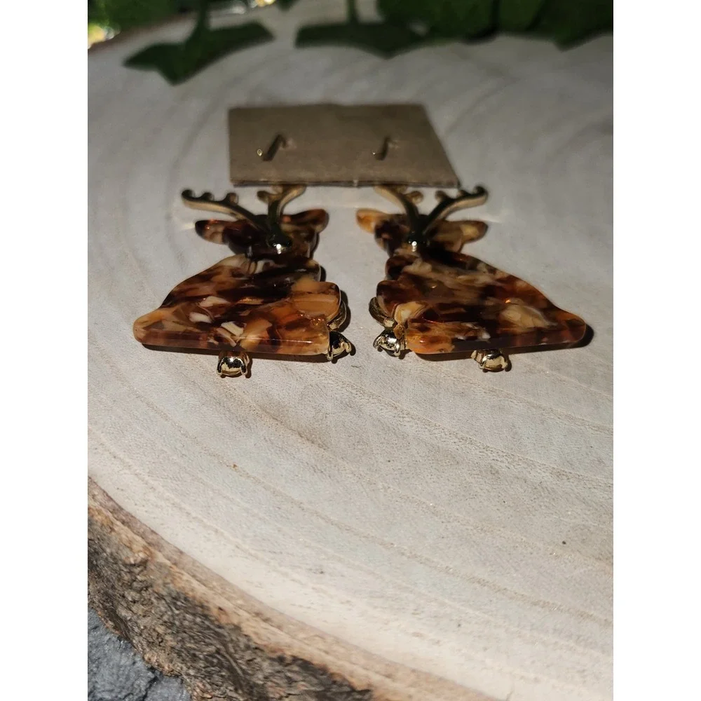 INC Christmas Reindeer Drop Earrings Gold Tone Jeweled Stone Holiday Dangle
